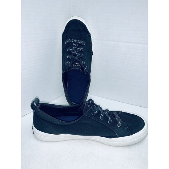 Womens 9 Sperry Canvas Sneakers  Shoes Black Memory Foam Insoles Top Sider Bling - Picture 2 of 13